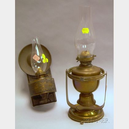 Brass Gimbal Wall Oil Lamp and a Paint-decorated Tin Wall Oil Lamp. 
