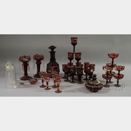 Three Sets of Bohemian Etched Ruby Flash Stemware, a Pair of Lustres, and a Decanter