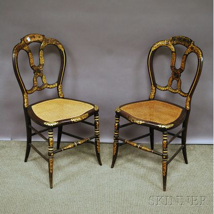 Pair of Victorian Rococo-style Gilt-decorated Rosewood-grained Wood Side Chairs with Caned Seats. Estimate $75-125