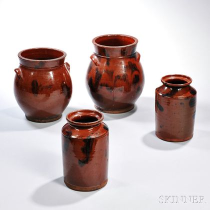 Four Lead Glazed Redware Pottery Vessels