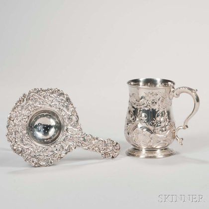English Sterling Silver Repousse Mug and a Silver-plated Tea Strainer