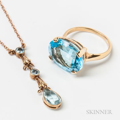 14kt Gold and Blue Topaz Ring and 14kt Gold Aquamarine Lavalier