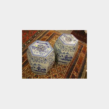 Pair of Chinese Canton Blue and White Hexagonal Porcelain Garden Seats. 