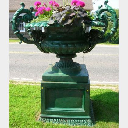Large Green Painted Two-part Cast Iron Four-handled Garden Urn on Pedestal Base