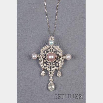 Edwardian Platinum, Colored Pearl, Pearl, and Diamond Pendant/Brooch