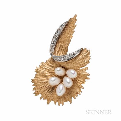 14kt Gold, Freshwater Pearl, and Diamond Brooch