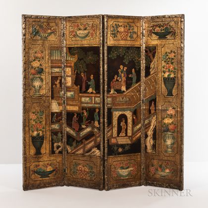 Painted Four-panel Folding Floor Screen