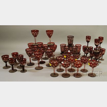 Five Sets of Bohemian Etched Ruby Flash Glass and Stemware