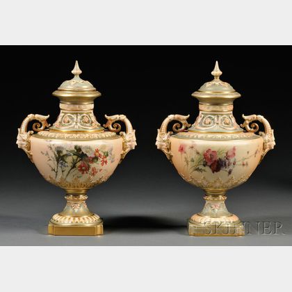 Pair of Royal Worcester Porcelain Vases and Covers