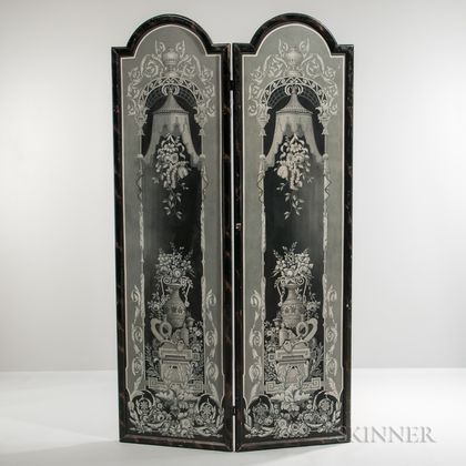 Two-panel Grisaille Painted Screen