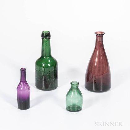 Four Colored Glass Bottles/Flasks