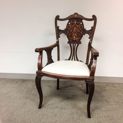 Edwardian Carved Mahogany Marquetry Armchair