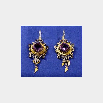 Victorian 14kt Gold and Amethyst Earpendants