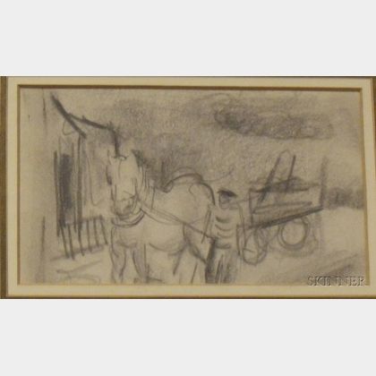 Framed Graphite on Paper Sketch of a Horse and Cart by Sol Wilson (American, 1896-1974)