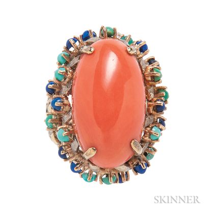 14kt Gold, Coral, Turquoise, and Sodalite Ring