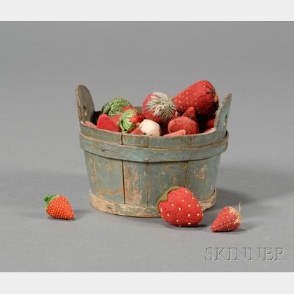 Miniature Blue-painted Wooden Tub Filled with Strawberry-shaped Pincushions and Emories