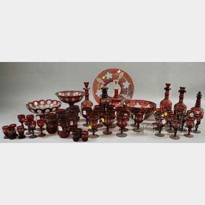 Fifty-three Pieces of Bohemian Etched Grapevine Pattern Ruby Flash Glass Stem and Tableware