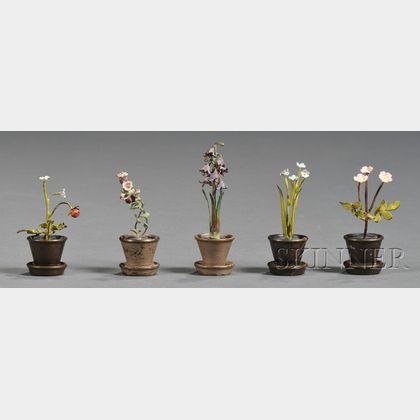 Five Austrian Cold Painted Bronze Miniature Flowerpots