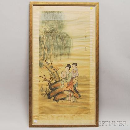 Framed Japanese Gouache and Watercolor on Silk Scene Depicting Two Women Under a Tree Alongside a Pond
