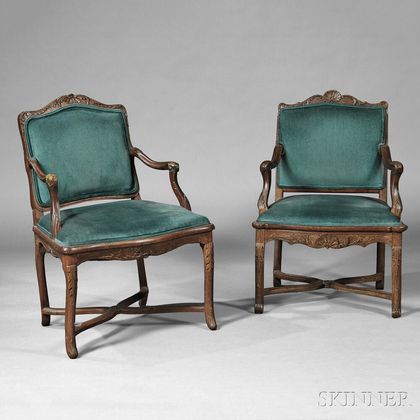 Two Upholstered Shell-carved Open Armchairs