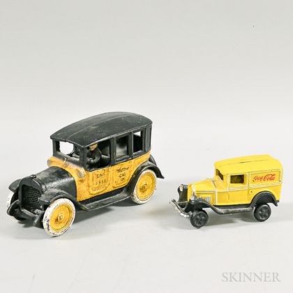 Polychrome Cast Iron Yellow Cab and a Coca-Cola Delivery Truck