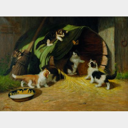 Sidney Lawrence Brackett (American, 1852-1910) Kittens in the Barnyard