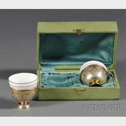 Pair of Turkish Parcel-gilt Silver Cups with Russian Porcelain Liners