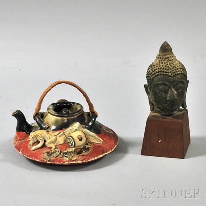 Sumida Ware Teapot and a Bronze Buddha Head