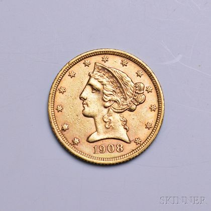1908 Liberty Head Five Dollar Gold Coin. Estimate $200-300