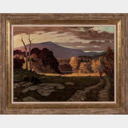 Charles Edmond Monroe Jr. (American, 1918-1999) Expansive Fall Landscape with Hunter and Dogs