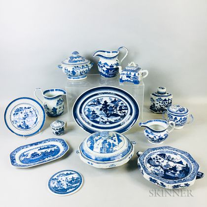 Fourteen Blue and White Canton Export Ware Items