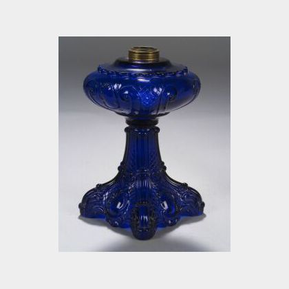 Cobalt Blue Pressed Glass Kerosene Lamp