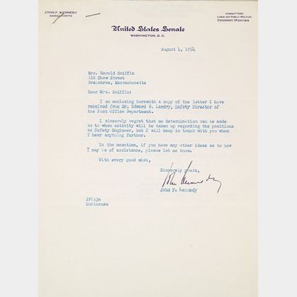 Kennedy, John F. (1917-1963),Five Signed Letters, As Senator