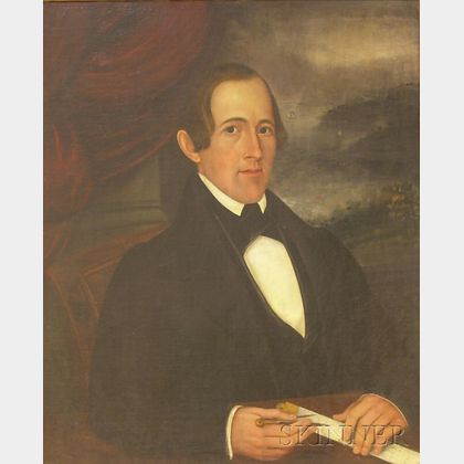 19th Century American School Oil on Canvas Portrait of Gentleman Holding a Slide Rule and Compass with Sailing ... 