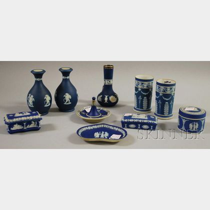 Nine Wedgwood Dark Blue Jasper Dip Items and an Adams Sterling Silver-mounted Dark Blue Jasper Dip Bottle Vase