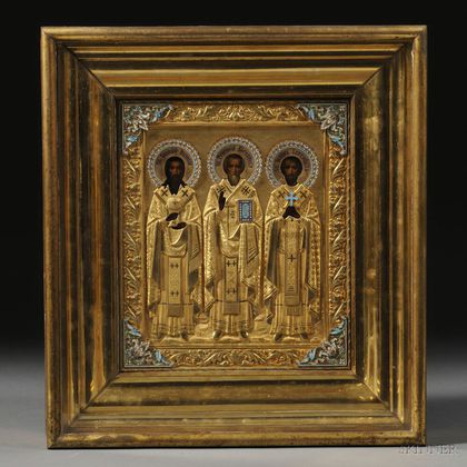 Russian Icon with Riza Depicting Three Patron Saints