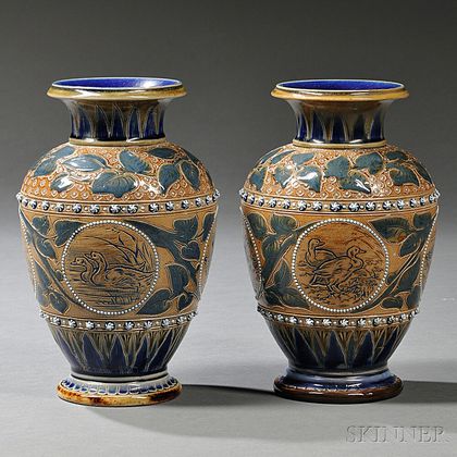 Pair of Doulton Lambeth Florence Barlow Decorated Vases