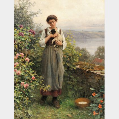 Daniel Ridgway Knight (American, 1839-1924) Young Girl Holding a Puppy