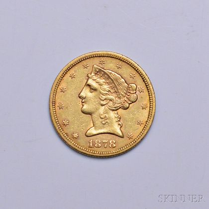 1878-S Liberty Head Five Dollar Gold Coin. Estimate $300-500
