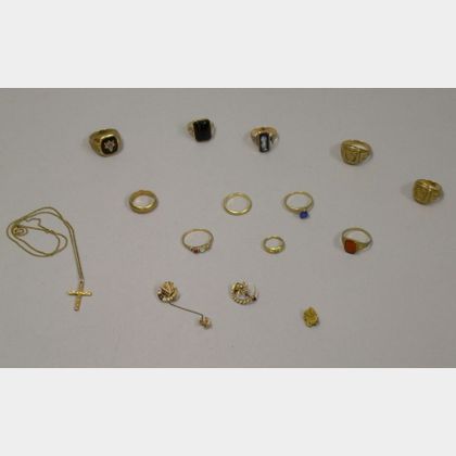 Eleven Assorted Gold Rings, Three Small Pins, and a Cross Pendant Necklace. 