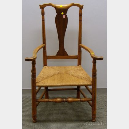 Queen Anne Tiger Maple Armchair with Woven Rush Seat. 