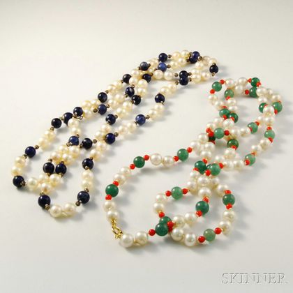 Two Cultured Pearl and Hardstone Bead Necklaces