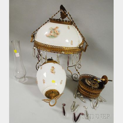 Late Victorian Brass-plated Metal and Angel Transfer-decorated Opaque Glass Hanging Kerosene Lamp