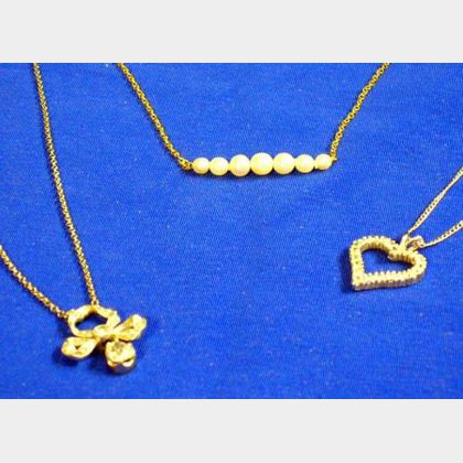 One Gold and Pearl and Two Gold and Diamond Pendant Necklaces. 