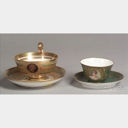 Two French Porcelain Teacups with Saucers