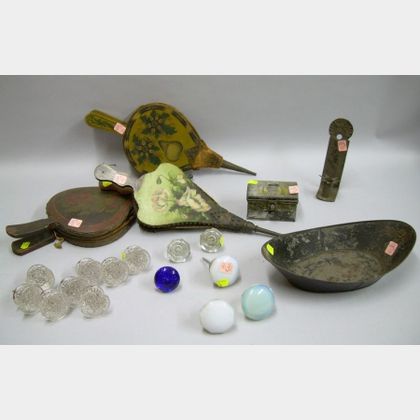 Fourteen Glass Drawer Pulls, Three Painted and Stencil Decorated Wooden Bellows, and a Toleware Sconce, Small Box, and Tray