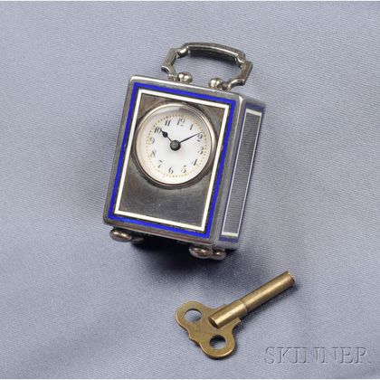 Antique Silver and Enamel Miniature Travel Clock, France