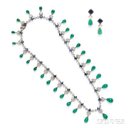 Emerald, Sapphire, and Diamond Necklace and Earpendants, Retailed by Neiman Marcus