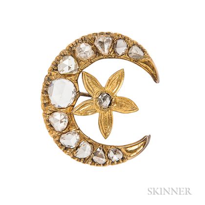 Gold and Rose-cut Diamond Crescent Brooch