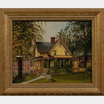 American School, 19th Century Portrait of a Yellow Victorian Gothic Cottage.